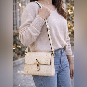Le Miel Vegan Ostrich Embossed Crossbody Bag Ivory Gold Hardware NWT